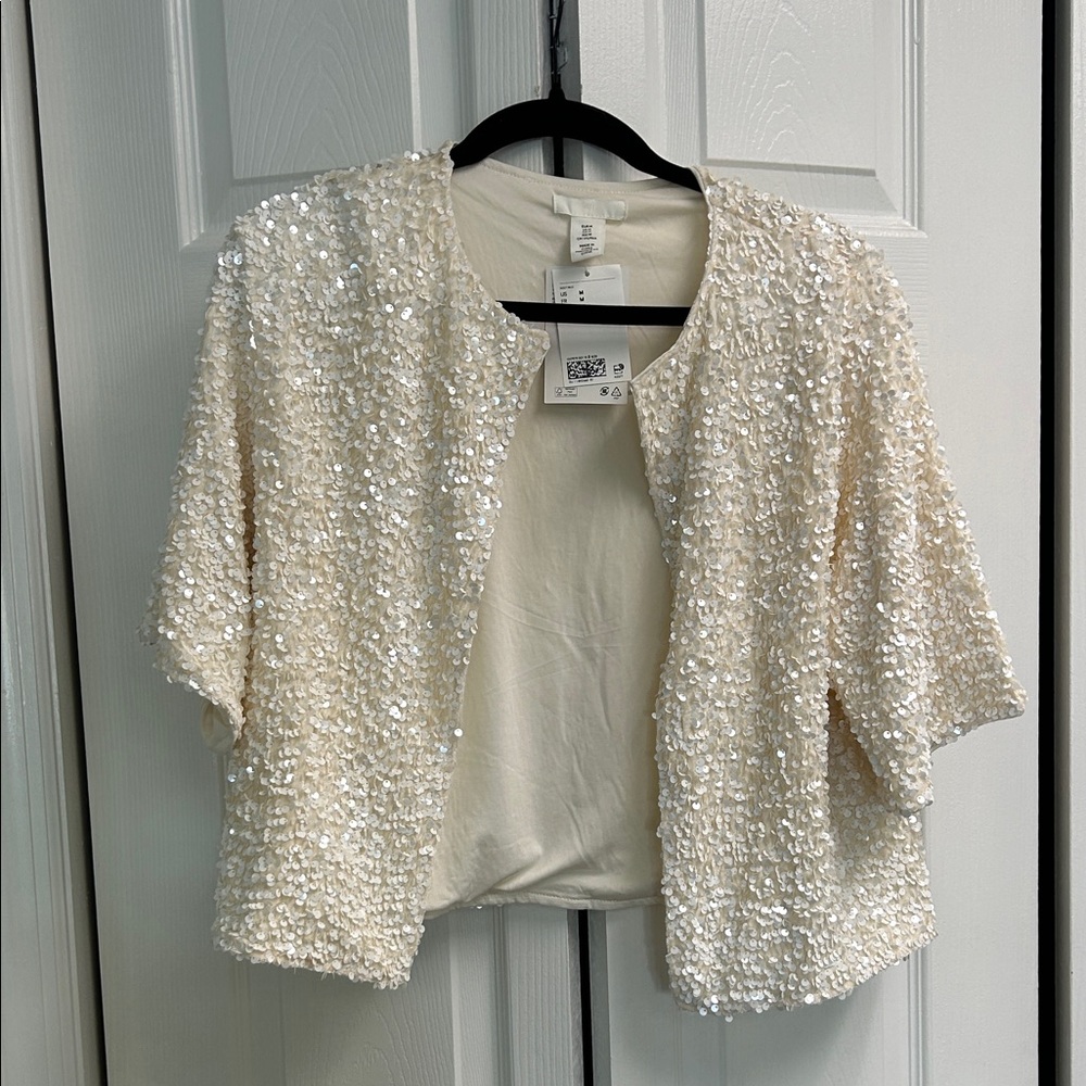 H&M Ivory Sequin Cropped Jacket